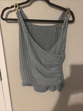 Ribbed V-Neck Tank Top with Button Detail - Light Blue